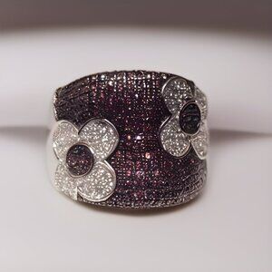 Suzy Levian Brown & White CZ Sterling Silver Floral Pavé-Set Ring - Size 6